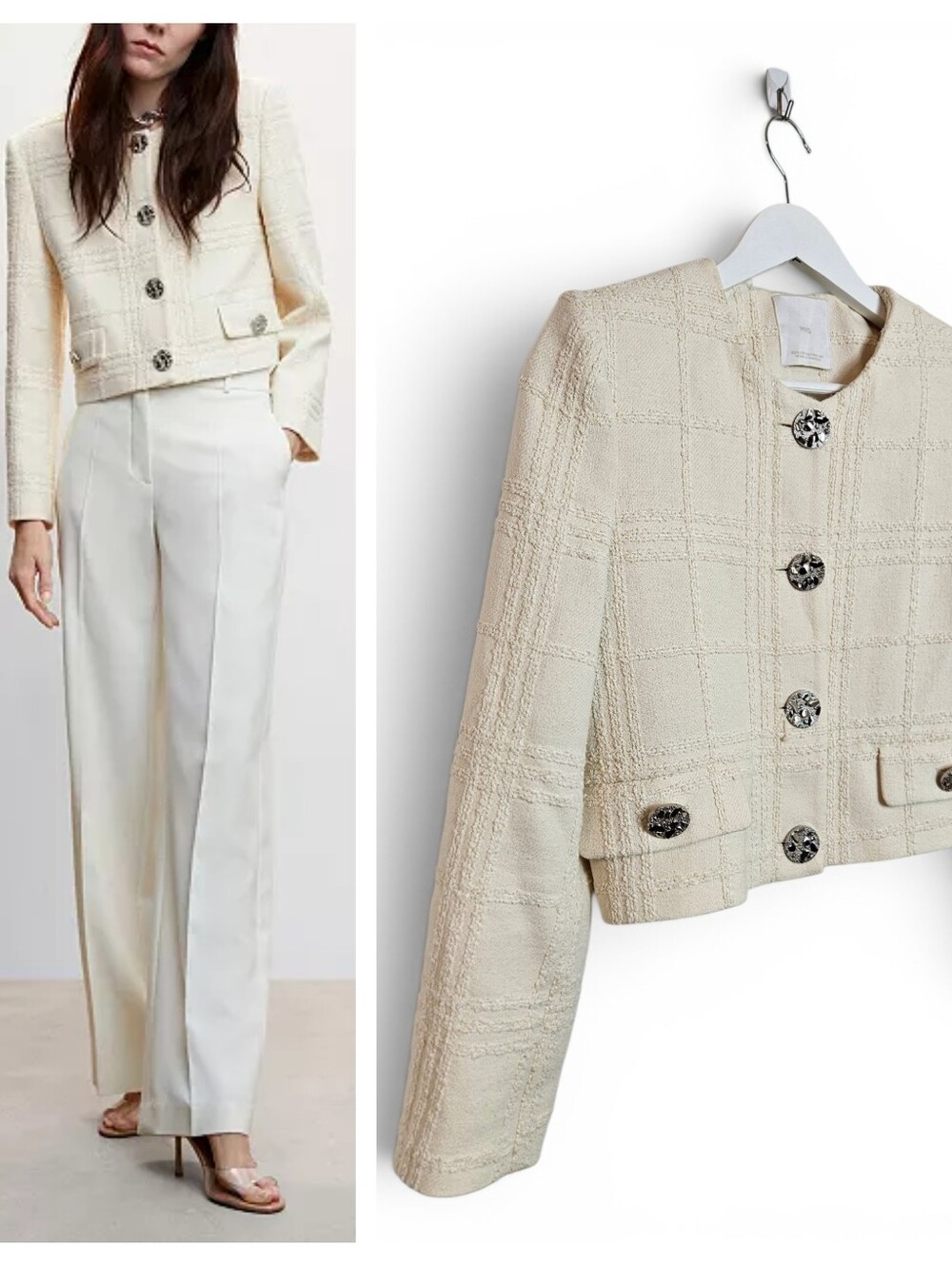 MNG Mango Cream Boucle Checked Jacket Cropped Old Money Coquette Chic XSw